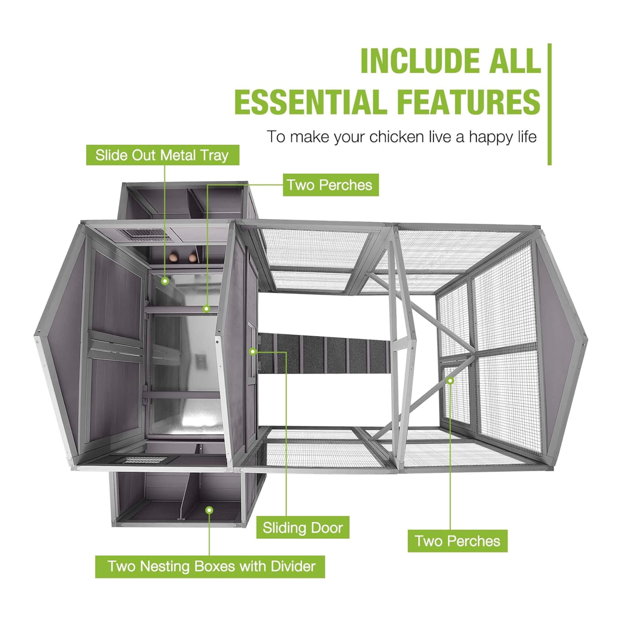 Large 76-Inch Outdoor Chicken Hen House With Sleeping Area And Run [6 ...